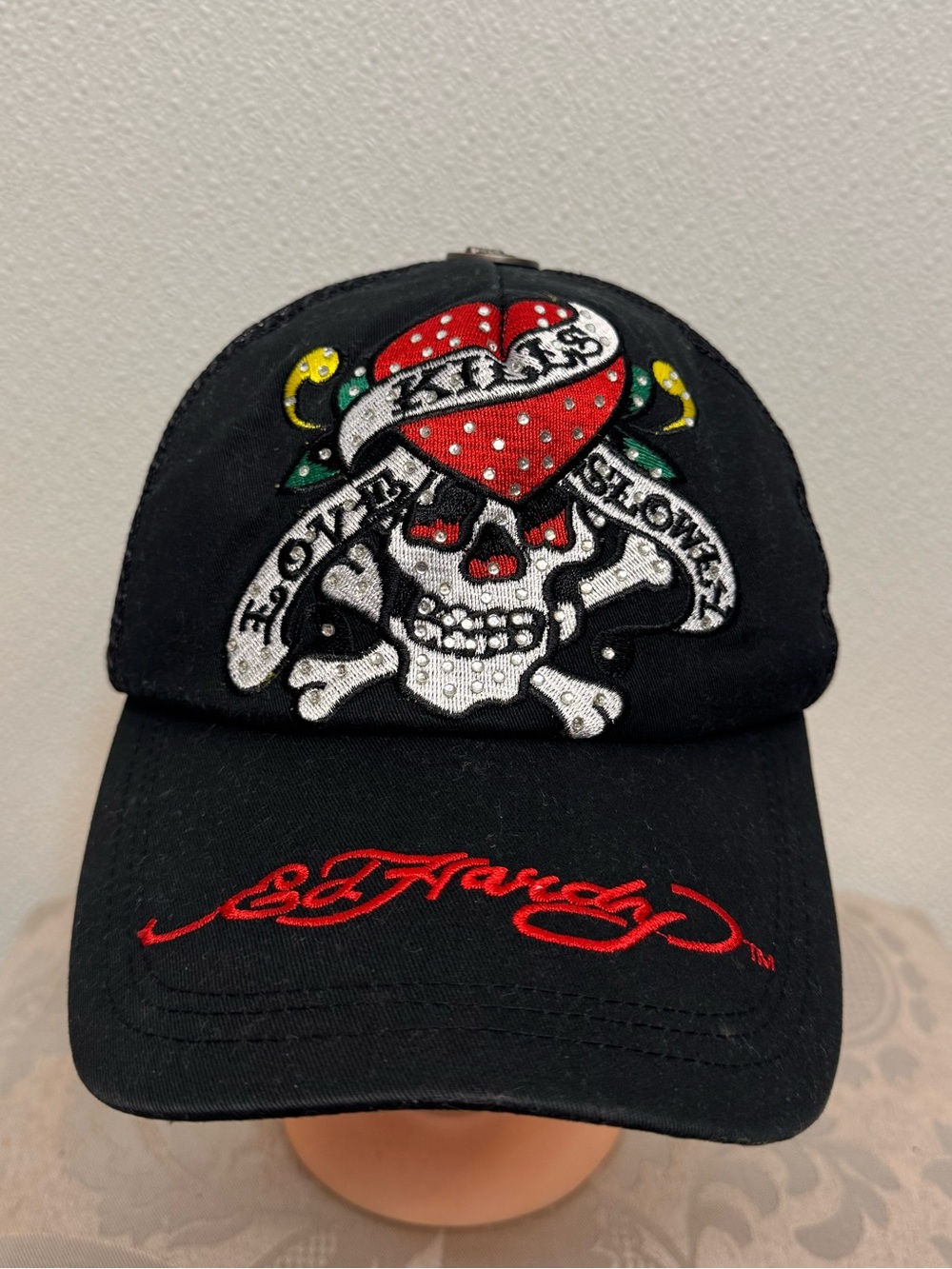 Y2K Vintage Ed Hardy Black Cap with Red Heart & White Skull Embroidery